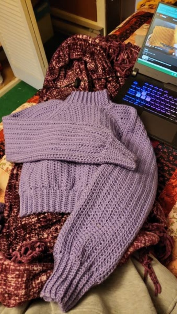 A purple crochet sweater with a mock neck and slight crop